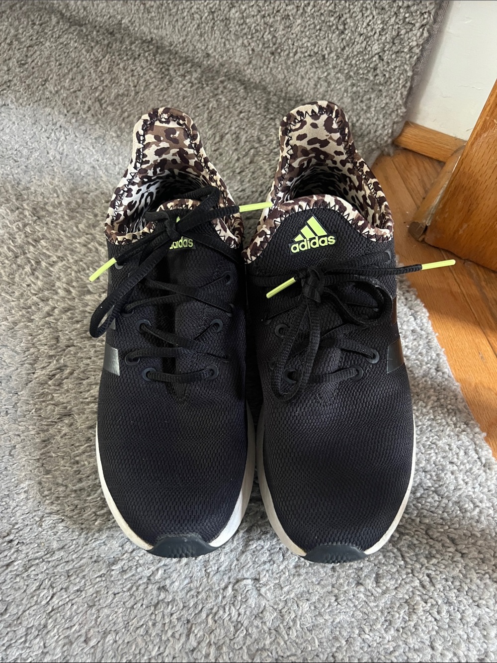 adidas Women's Black Sneakers with Leopard-Print Collar and Neon Accents